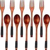 Wooden Spoons Forks Set Japanese Style Wooden Utensils Set for Eating Wood Flatware Set Reusable Handmade Long Handle Spoons Forks for Eating, Stirring, 8.9 Inches (Black Cords,10 Pieces)