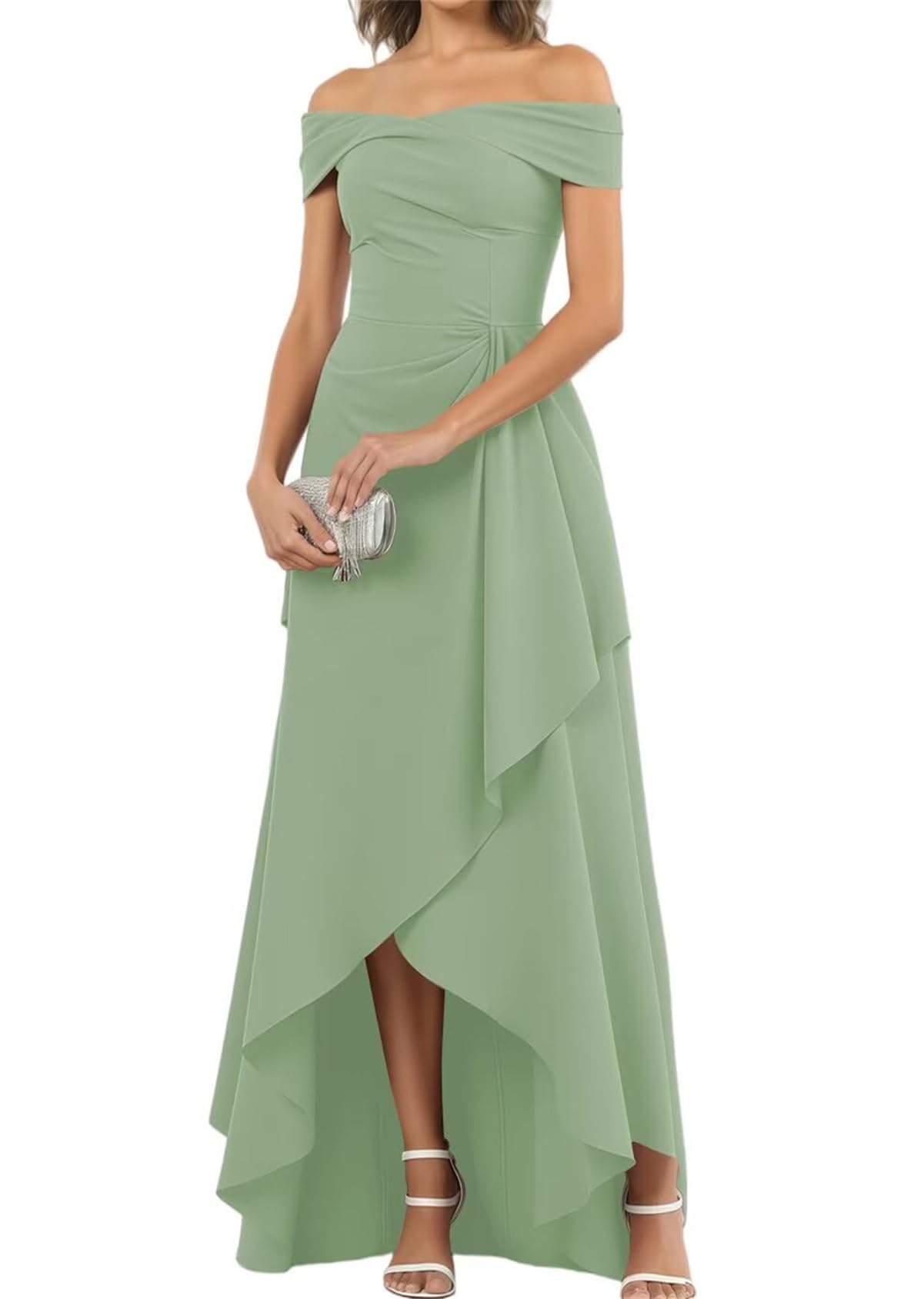 WISIYLE Off Shoulder Bridesmaid Dresses with Slit Prom Mother of The Bride Dress Chiffon Wedding Formal Gowns WQL005 Sage Green UK18