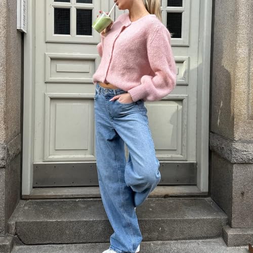 Image of Women Y2k Crop Cardigan Sweater Long Sleeve Button Down Cardigan Vintage Open Front Sweater Cute Knit Pullover Tops