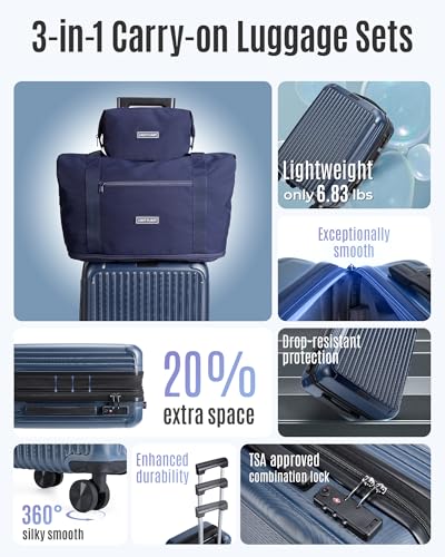 Image of LIGHT FLIGHT 3-Piece Luggage Sets, Expandable Carry On Luggage 22x14x9 Airline Approved, Hardside Carry On Suitcases with Wheels, TSA Lock Travel Luggage Sets, Royal Blue