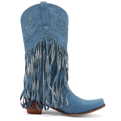 Fringe Denim Cowboy Boots Chunky Heel Tassel Cowgirl Boots Low Heel Mid Calf Western Boots3