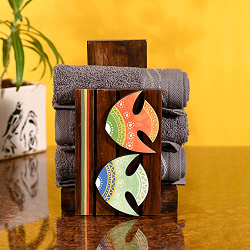 Image of Aakriti Art Creations Madhubani Art Wooden Towel Holder Stand | Handcrafted Wooden | Matte Finish Natural Brown Towel Holder for Bath & Wash Area
