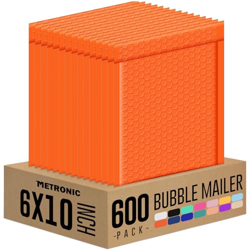 Image of Metronic Bubble Mailers 6x10 Inch 600 Pack, Bubble Envelopes Orange Bulk #0 | Usable Size 6x9, Self-Seal Waterproof Padded Envelopes for Shipping, Packaging for Business