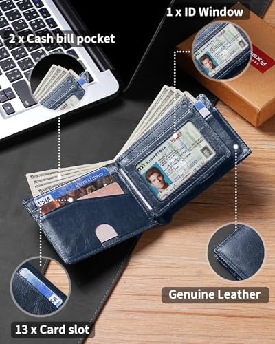 Image of Artpaxy Mens Wallet Bifold Genuine Leather RFID Blocking Wallet for Men with 1 ID Windows 13 Card Holders 2 cash pockets 1 Gift Box