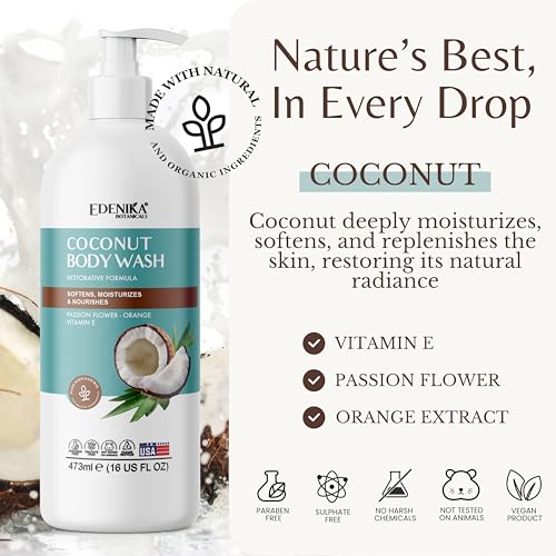Image of EDENIKA BOTANICALS Coconut Body Wash, Cleans, Softens & Nourishes, Ultra Moisturizing Shower Gel for Dry and Sensitive Skin, Women & Men, Organic & Natural, 16 fl oz