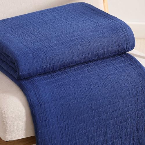 Image of Tommy Hilfiger - King Cotton Blanket, Woven Channel Stitched Bedding, Medium Weight Soft Blanket, Anti-Pilling & Fade Resistant, Ideal for Layering, Oeko-TEX Certified (Blue)