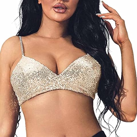 EVILD Sparkly Sequins Sexy Tank Sleeveless Tie up Bra Glitter Crop Top Party Rhinestone Straps Tank Top Club Rave Bra Top (Champagne, M) Cover