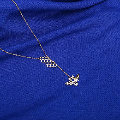18K Gold Plated Stainless Steel Bee Honeycomb Pendant Necklace, Adjustable Y Lariat Conch/Guitar/Horseshoe Necklace for Women4