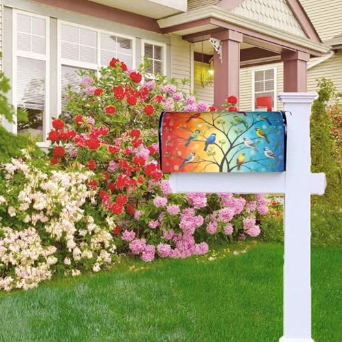Image of Colorful Birds Tree Mailbox Cover Magnetic Birds On Branch Waterproof Mailbox Wraps Post Letter Box Decor 25.5x21 in