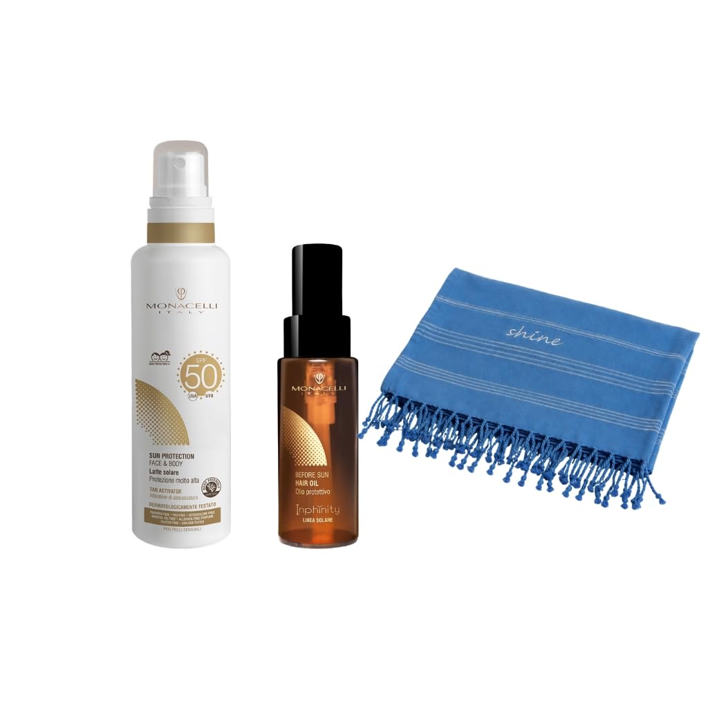 Monacelli Kit Solare: Crema solare Face & Body SPF 50 100ml + Olio protettivo per capelli Before Sun Hair Oil 50ml, protezione solare alta ideale per adulti e bambini