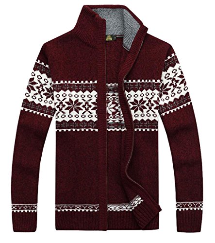 Kedera Men's Winter Knitted Flower Pattern Zip Up Cardigan Sweater (Large, Red)