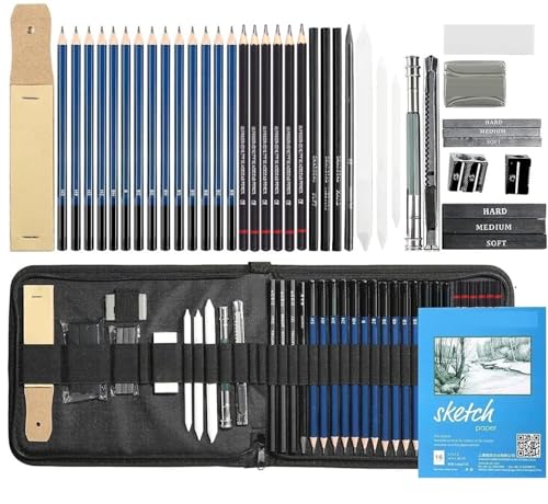 Corslet 41 lápices de dibujo con libro de bocetos, 16 páginas, 6 lápices de dibujo HB, kit de dibujo profesional en estuche con cremallera, juego de arte de dibujo con varillas de carbón de grafito