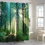 Rideau de douche Renaiss 72x72 po forêt verte, nature, lumière du soleil à travers les arbres, paysage de jungle naturel brumeux, rideau de douche en polyester imperméable avec crochets