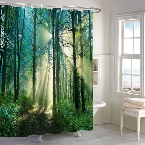 Renaiss 72x72 Inch Green Forest Shower Curtain Nature Sunshine Sunlight