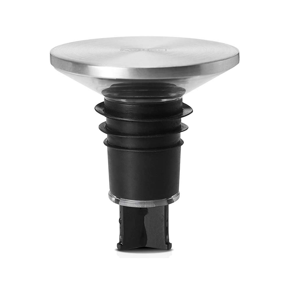 AdHoc FV42 CHAMP Wine Bottle Stopper and Pourer | Stainless Steel/Plastic/Silicone | Ultra Flat, Airtight Seal, Drip Catcher | (H) 50 mm x (D) 45 mm | Silver/Black