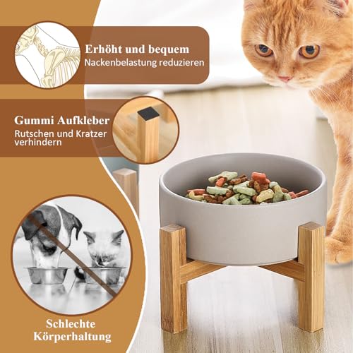 Erhöhter Futternapf aus Keramik für Katzen - Katzennapf mit Napfständer aus Holz und rutschfesten Füßen - Fressnapf aus Keramik für Katzen und Welpen - Für Futter und Wasser - 400 ml - Weiß