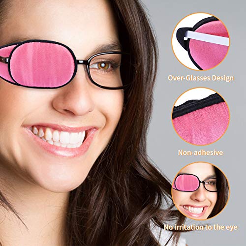 Image of eZAKKA Eye Patches for Adults, Eye Patch for Glasses, Silk Patch for Lazy Eye Amblyopia Strabismus and After Surgery (Peach Pink+Black)