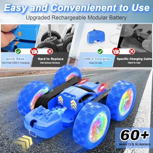 Image of Remote Control Car, Outdoor Toys RC Cars for Kids Ages 6-12, 4WD Double Sided Stunt Vehicle with Upgraded USB-C Modular Batteries, 5 6 7 8 9 10+ Year Old Boy Birthday Blue