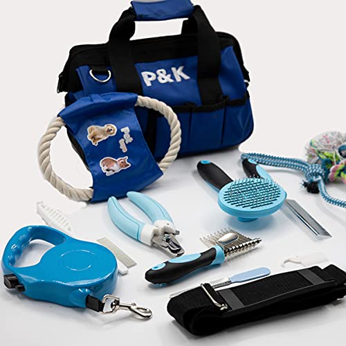 P & K 15-teiliges Tierpflege- & Spielset in Blau | Hundeleine, Hundespielzeug, Kotgreifer & mehr | Komplettset für Pflege, Training, Spielspaß & Spaziergänge mit Ihrem Haustier