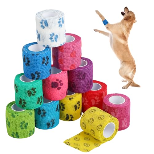 12 piezas de vendas autoadhesivas, venda cohesiva, vendas cohesivas y venda autoadhesiva elástica para perros, caballos y otros animales – Ideal para cuidar articulaciones, tobillos y más, 5cm x 4,5 m