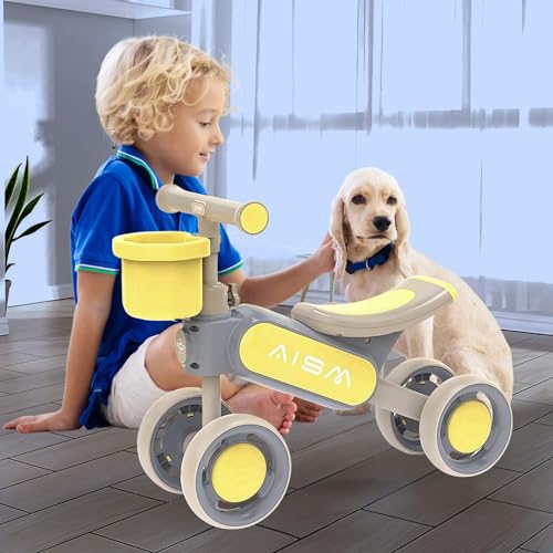 Image of Super Glide Balance Bike with Basket | Toddler First Ride-On Bike | Non-Pedal 4-Wheel Push Bike | Lightweight & Sturdy Design for Boys & Girls | Ideal for 1-3 Years Old (Yellow : KB-079)