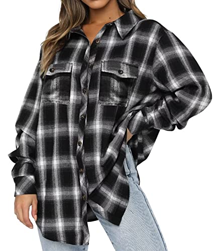 Lacozy Women Button Down Blouse Boyfriend Long Sleeve Shirts Oversized Blouses Top Buffalo Plaid Flannel Shirt Black M