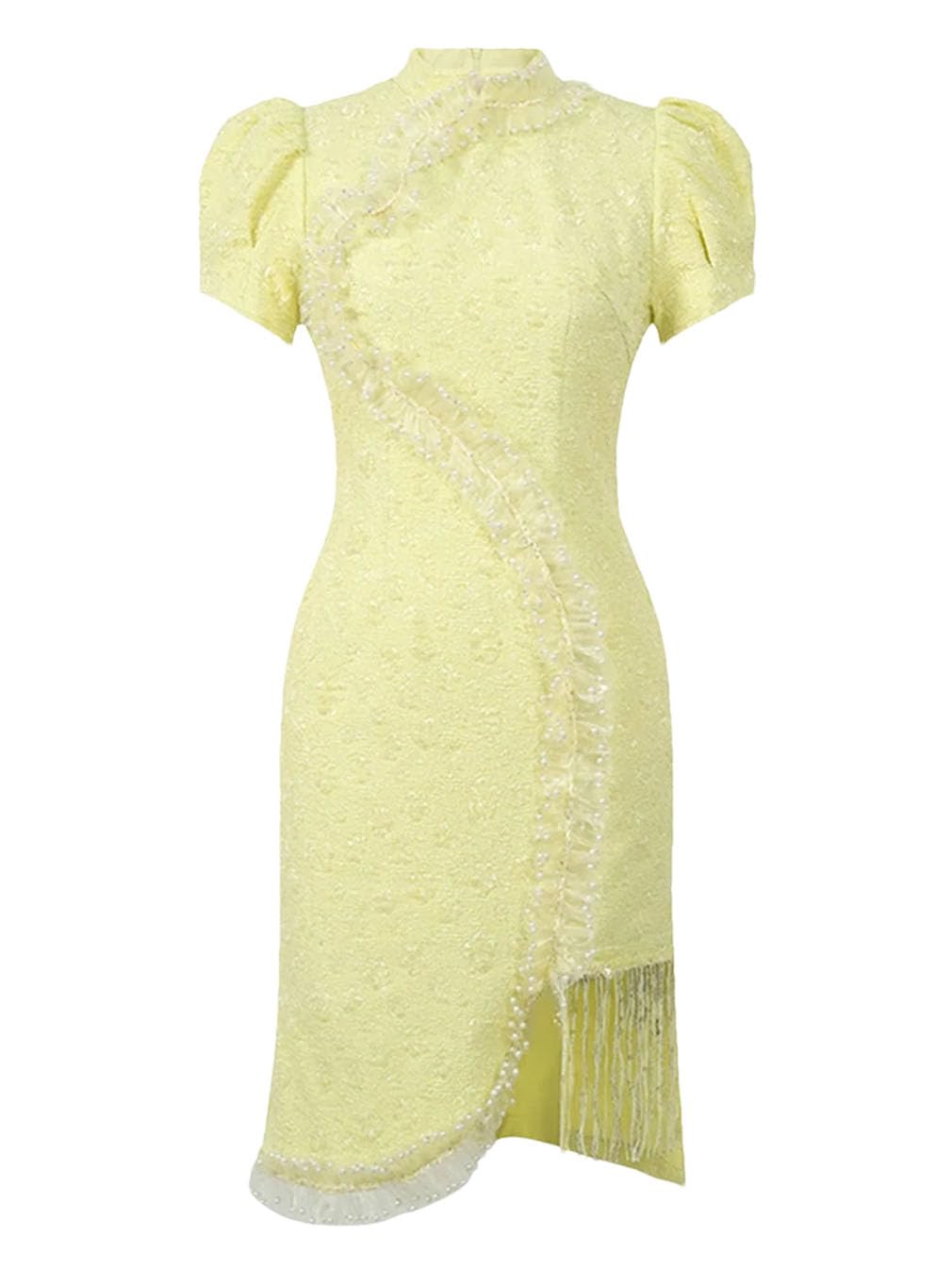 Vestido de fiesta largo y ajustado de manga corta con cuello alto y volantes irregulares para mujer