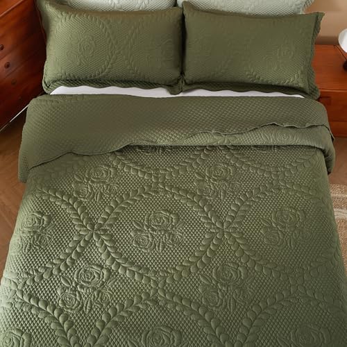 Image of EVENHUG Oversized King Bedspreads California King Quilt Set with Pillow Shams Extra Wide Large King Size Quilts Lightweight Coverlet Bedding Sets Olive Green 120 inchx120 inch