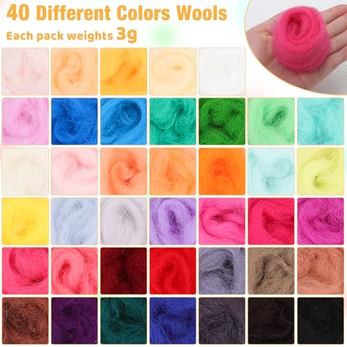 Image of Mayboos Needle Felting Starter Kit, Wool Roving 40 Colors Set | 3g per Color, Felting Kits for Beginners Adult, with Instruction Included for Felted Animal Needle Felting Supplies