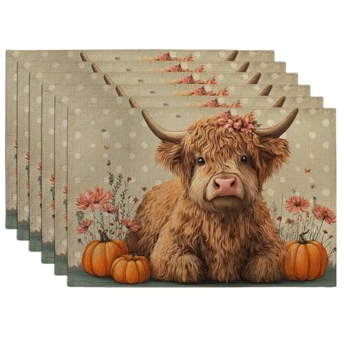 Image of Autumn Highland Cow Placemats, Brown Country Floral Place mats for Dining Table, Non-Slip Washable Indoor Outdoor Party Decorative Placemat Set of 6