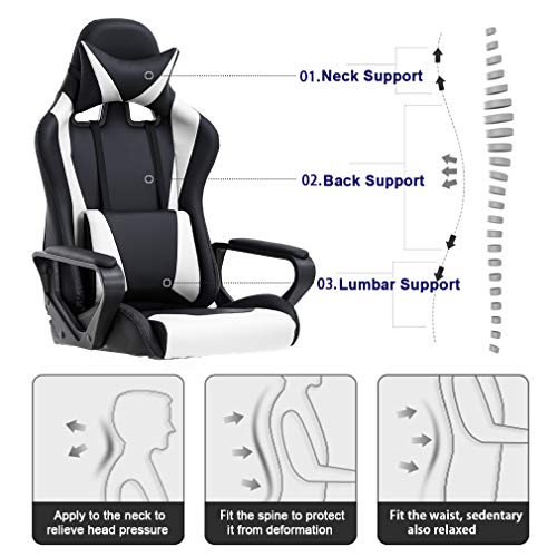 BestOffice High-Back Gaming Chair PC Office Chair Computer Racing Chair PU Desk Task Chair Ergonomic Executive Swivel Rolling Chair with Lumbar Support for Back Pain Women, Men,White by BestOffice - Image 3