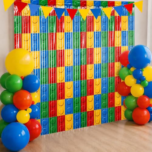 Image of 2 Packs Building Block Foil Fringe Curtain, Red Yellow Blue Green Glitter Metallic Tinsel Backdrop for Birthday, Baby Shower, Video Game Theme Party Decorations Supplies
