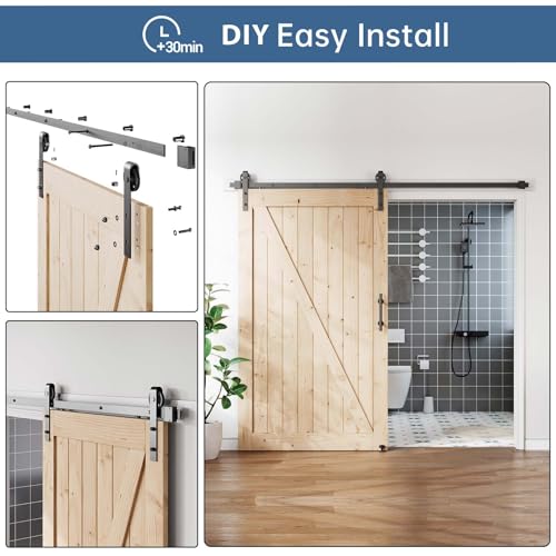 Image of EaseLife 8FT Sliding Barn Door Hardware Track Kit & Handle,Big Industrial Spoke Wheel Pulley,Wall Mount,Slide Smoothly Quietly,Easy Install,Black,96 inch Track Fit for 44-46 inch Wide Opening (No Door)