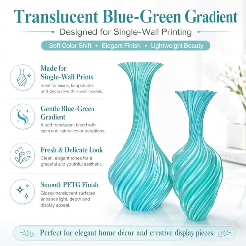 Image of PETG Translucent Blue to Green 3D Printer Filament 1.75mm, Gradient PETG Filament, Glossy Transparent PETG 3D Printing Filament for Vase Mode, Single-Wall Prints, 1kg Spool