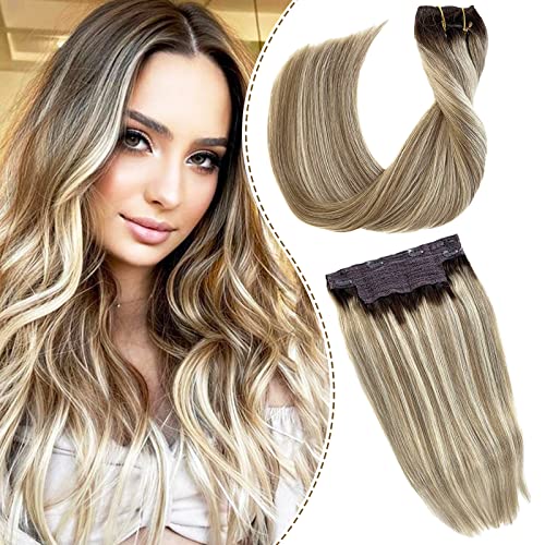 Halos Hair Extensions with Invisible Transparent Wire Omber Ash Brown to Beige Blonde with Blonde Highlights Removable R