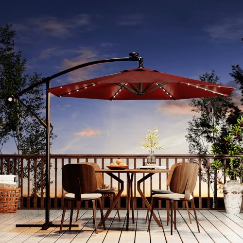 10FT Solar Lights Cantilever Umbrella outdoor patio, Offset Patio Umbrella with Easy Lift & Tilt Adjustment, UV Protection Fade Resistant for Deck, Pool, Garden, Burgundy