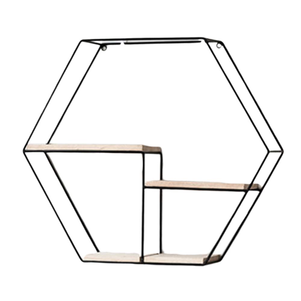 SaryEdge Black Hexagon Metal Wooden Floating Shelves - Decorative Wall Mount Display nizer for Bedroom, Living Room, Bathroom, Kitchen, Office & More - Stylish,Black Hexagon