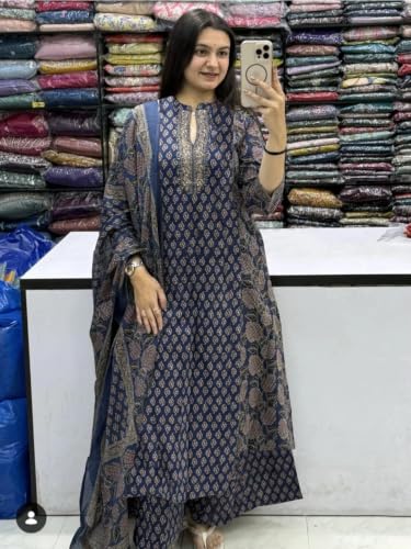 Image of GoSriKi Kurta Sets for Women Viscose Blend Printed | Kurti Set for Woman | Kurta Palazzo Dupatta Set | A Line Kurti | Mandarin Collar 3 /4 Sleeve Suit Set for Women Stylish Ethnic Outfit