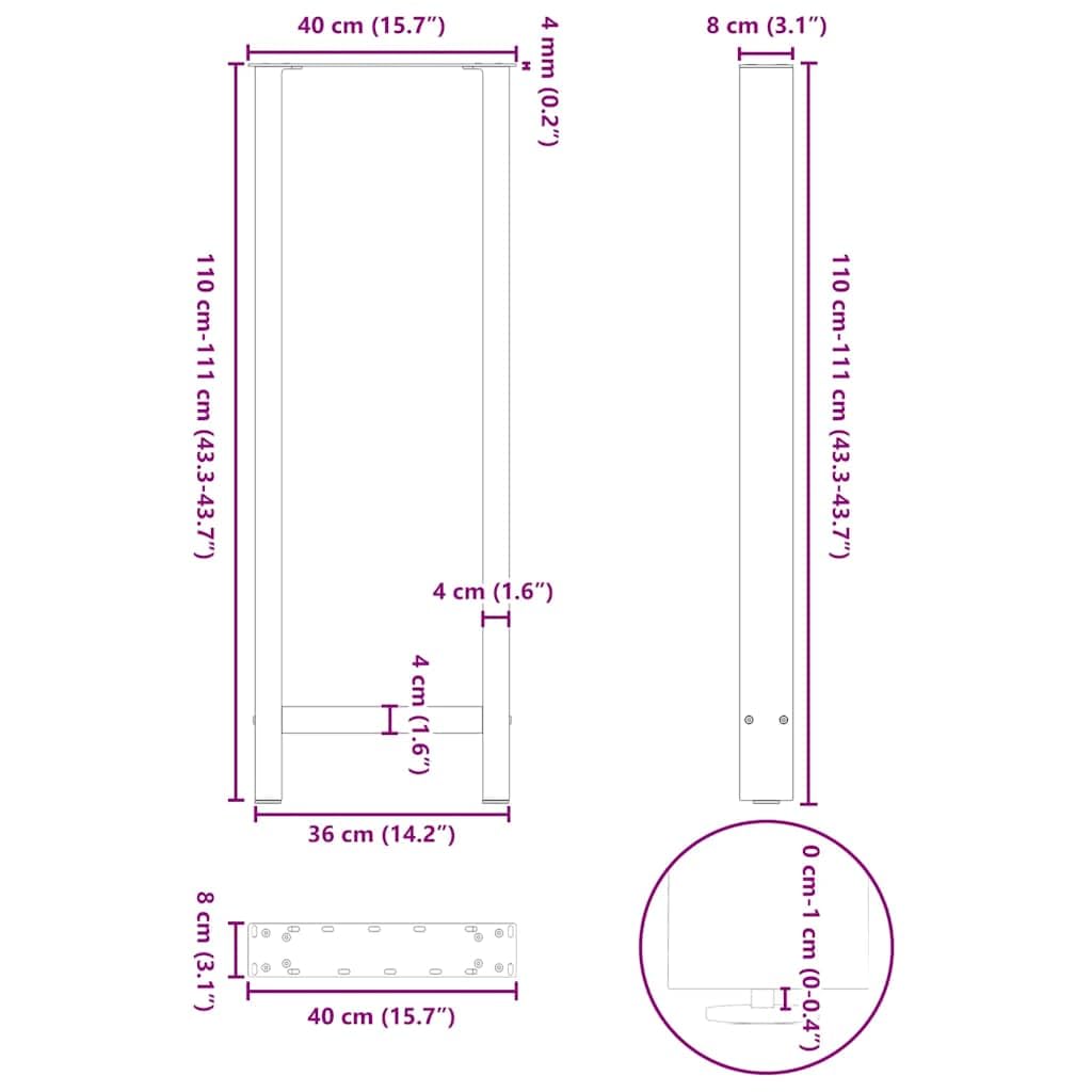vidaXL Patas para Mesa de Bar Blancas (2 Unidades, 40 x 110-111 cm, Acero)