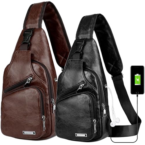 Peicees Pack of 2 Large&Medium Leather Sling Bag Mens Crossbody Bag Chest Bag Sling Backpack for Men with USB Charge Port, Classic Large Dark Brown & Classic Medium Black