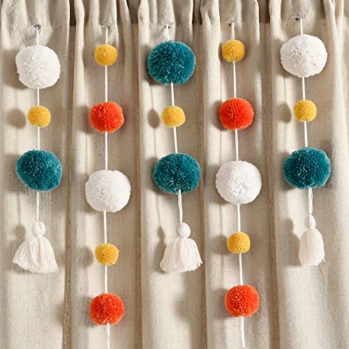 Lush Decor Boho Pom Pom Tassel Linen Window Curtain Panel (Single Panel), 84" L X 52" W, Turquoise & Orange #TOP2