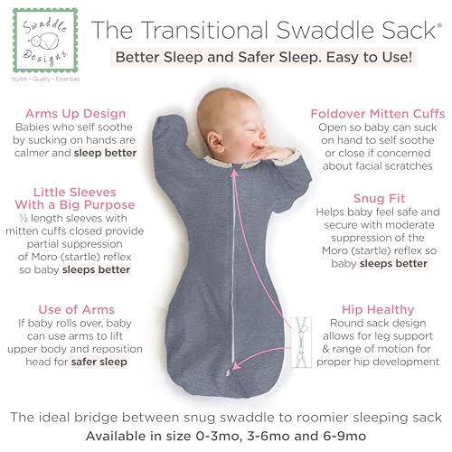 Image of SwaddleDesigns Transitional Swaddle Sack, Arms Up Half-Length Sleeves & Mitten Cuffs, Swaddle for Newborn Transition to Baby Sleep Sack Wearable Blanket, Large, 6-9 Month, 21-24 lb, Heathered Denim
