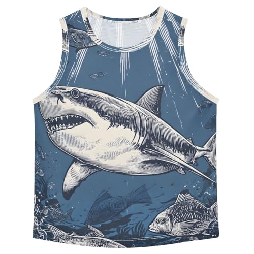 Bolaz Boys Athletic Quick Dry Tank Top Sleeveless Workout T Shirts Age 11-15,Shark with Fish