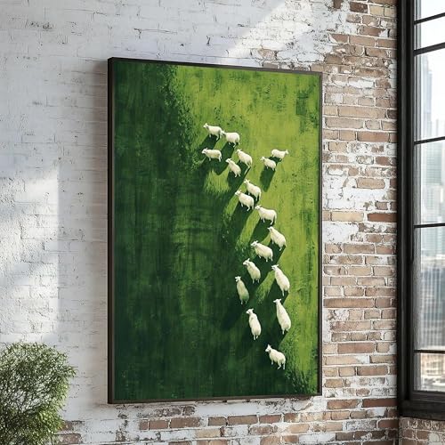 Œuvre d'art représentant des moutons blancs et paysage de pâturage