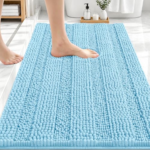 Image of OLANLY Thick Bathroom Rugs 30x20, Extra Soft Absorbent Chenille Striped Bath Rugs, Rubber Backing, Machine Wash Dry, Bath Mats for Bathroom Floor, Tub and Shower, Home Decor Accessories, Sky Blue