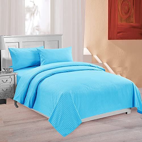 Image of 300 TC Glace Cotton Plain Stripe Queen Size Single Bedsheet with 1 Pillow Cover for Home, Hotel, Guest Room (60 X 90) Inch Blue Pack 1