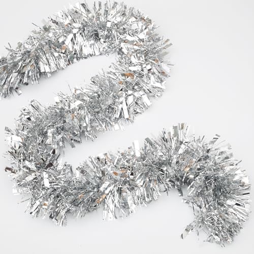 FXMHEHBB Thick Fat Silver Garland Decorations 5.12 Inch Width Silver Metallic Foil Tinsel Garland for Christmas Tree Halloween Party Indoor and Outdoor Hanging Decor