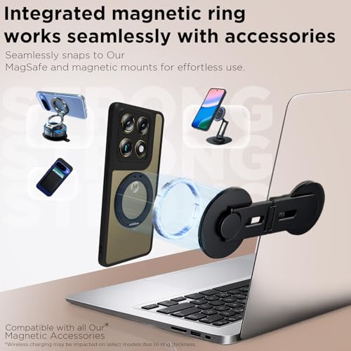 Image of RIGGEAR Shockproof Sleek Hybrid Armor 360 Rotating Magnetic Ring Stand Back Cover Case Compatible with MagSafe Accessories for Motorola Moto Signature 5G (Clear PC + Black TPU Bumper)
