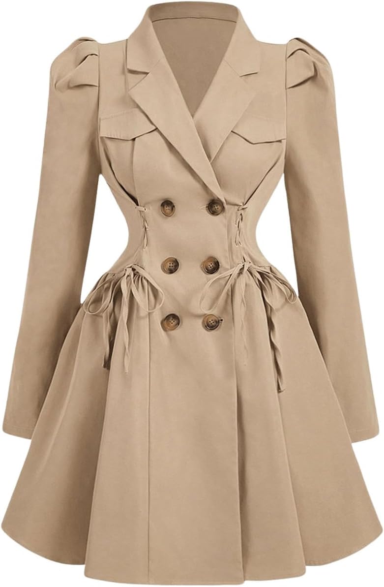 SOLY HUX Women's Trench Coat Lapel Double Breasted Puff Long Sleeve A Line Jacket Outerwear