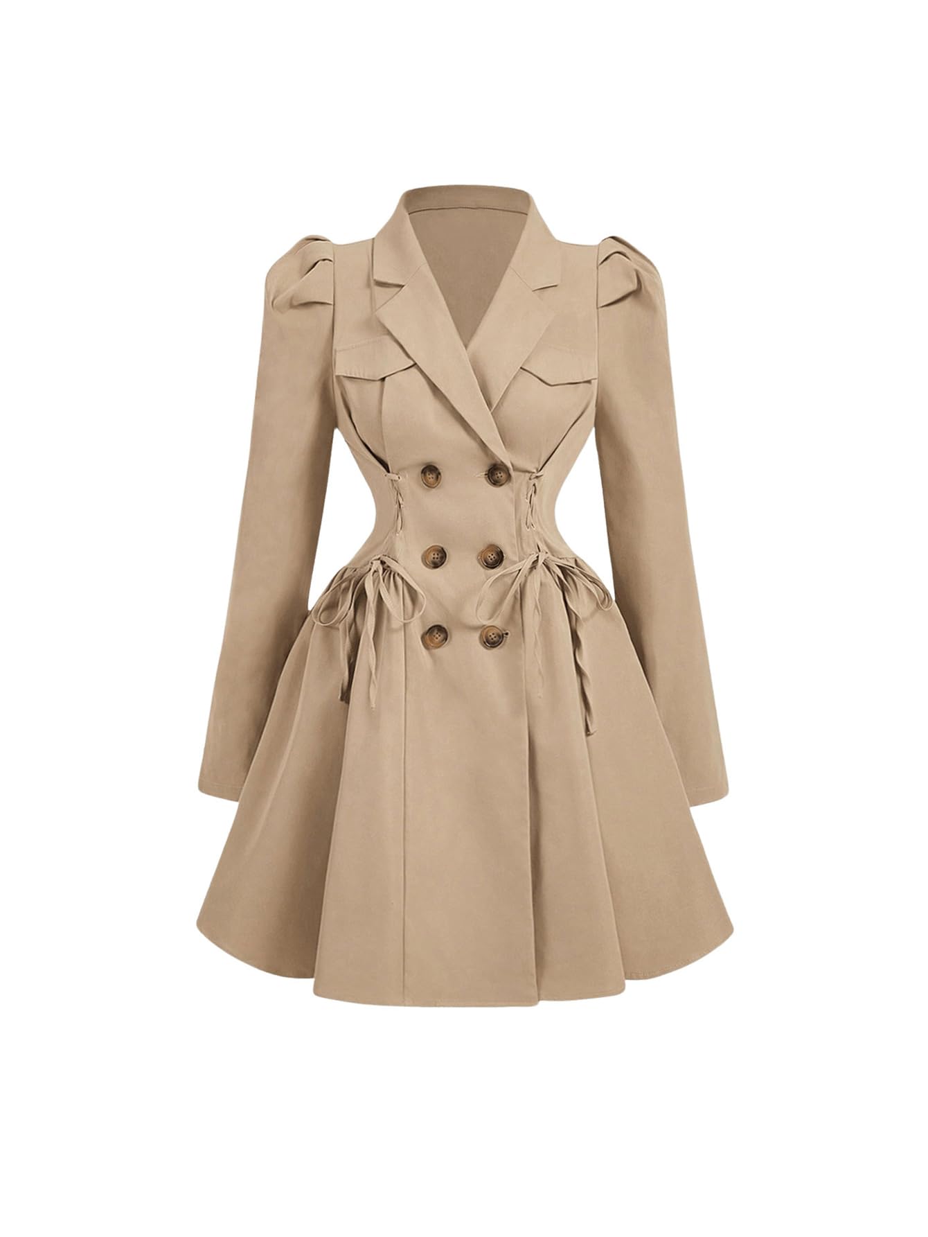 SOLY HUX Womens Trench Coat Lapel Double Breasted Puff Long Sleeve A Line Jacket Outerwear